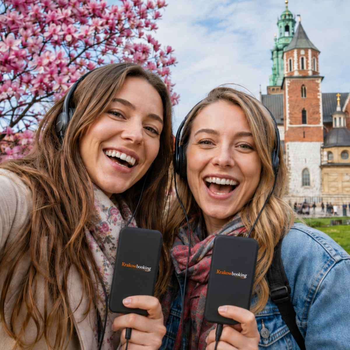Amigas haciéndose un selfie con audioguías de KrakowBooking en la colina de Wawel en Cracovia
