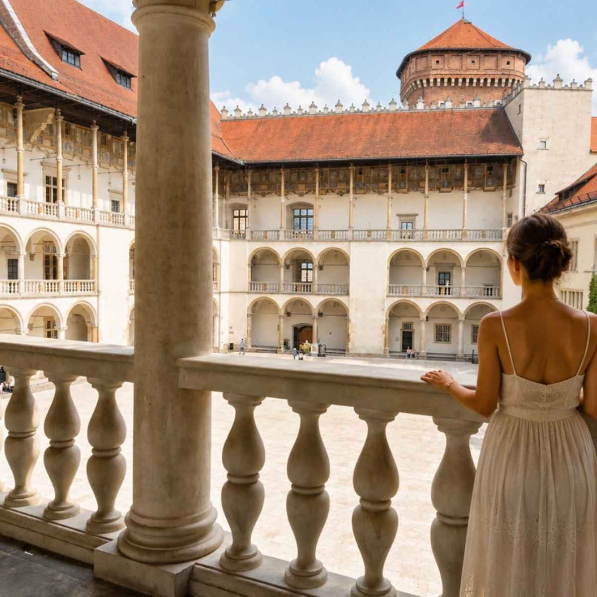 Mujer con vestido de verano en los claustros de Wawel en Cracovia