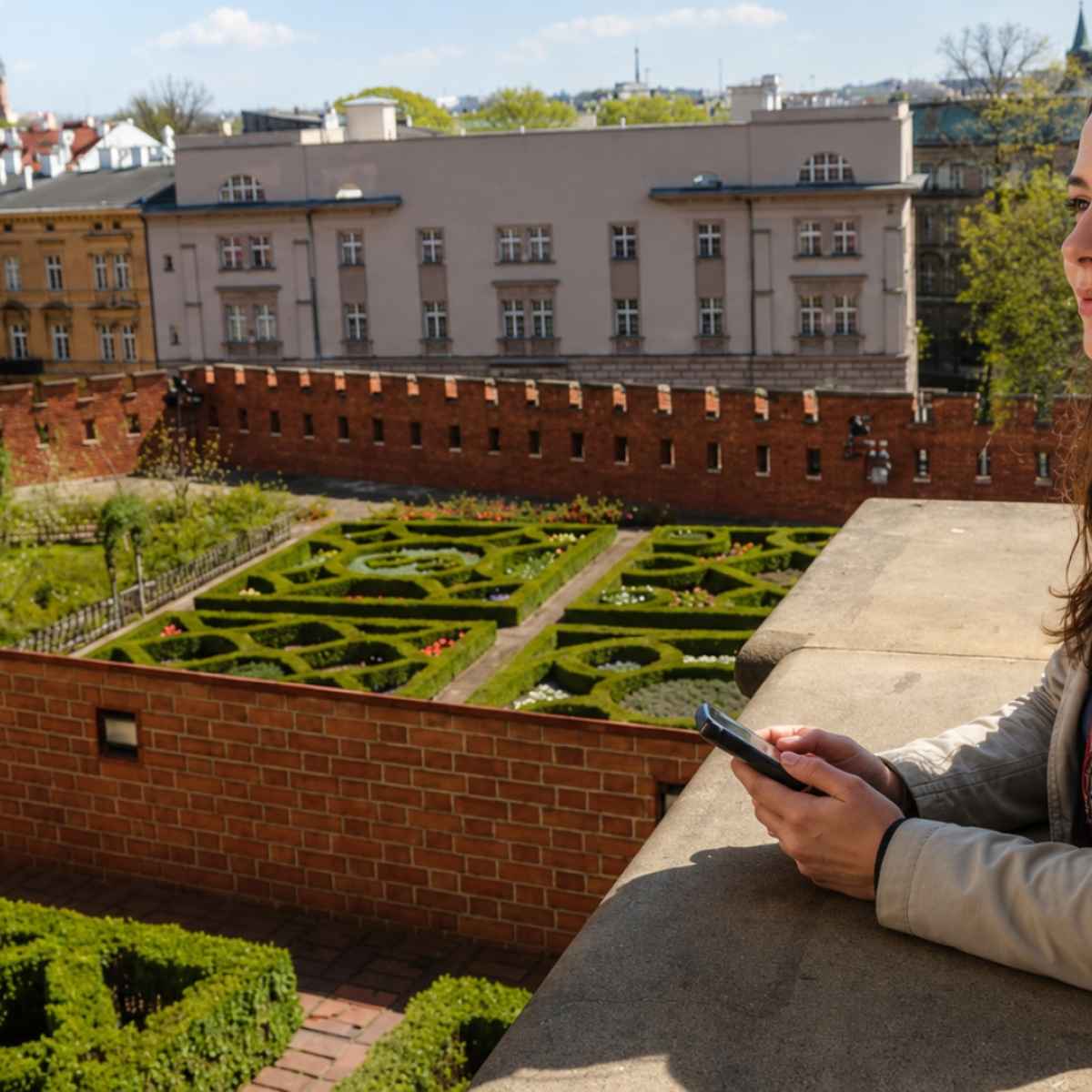 Mujer escuchando una audioguía con vistas a los jardines de Wawel en Cracovia
